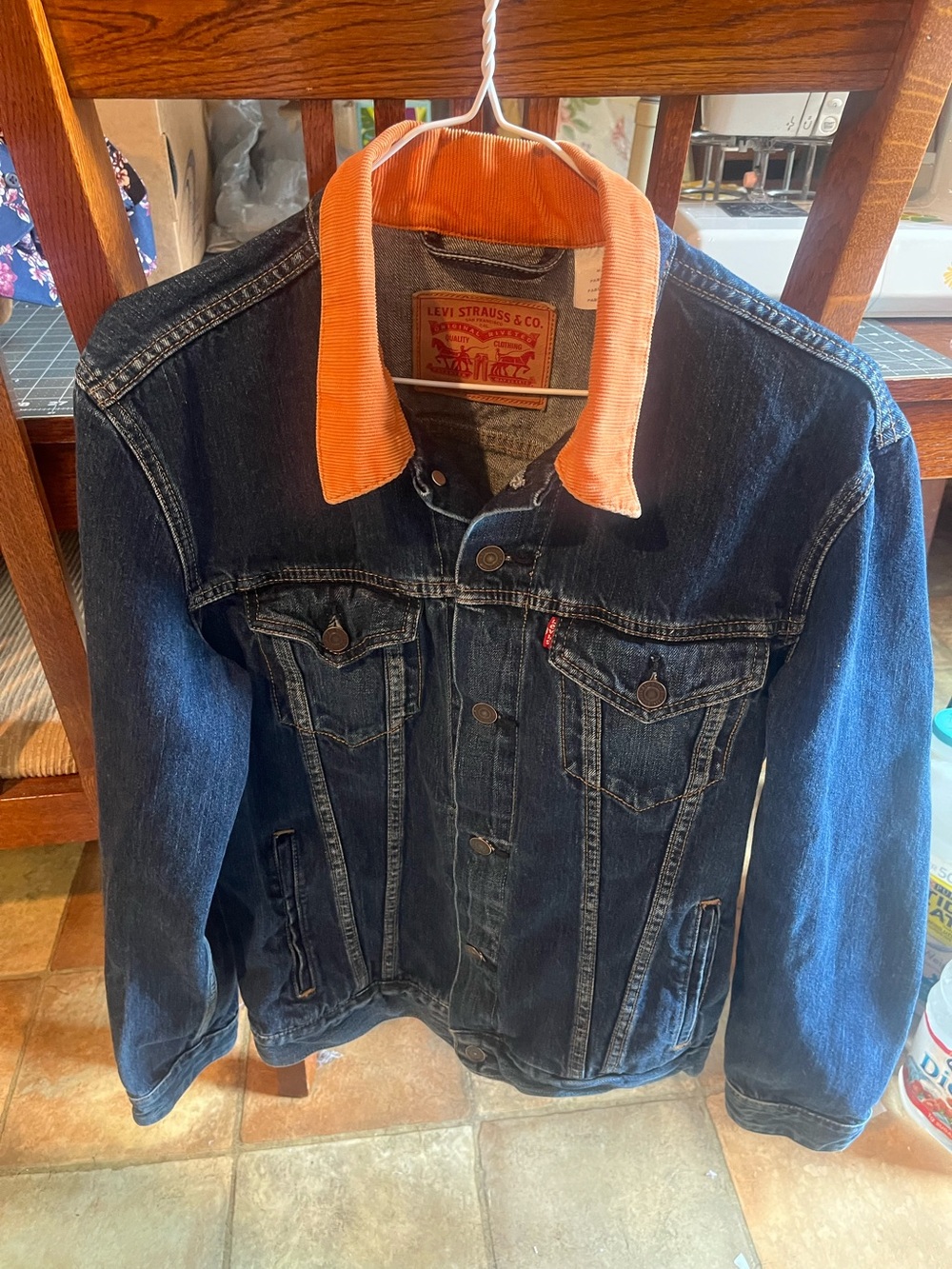 Levi's Dark Blue Denim Jacket with Orange Corduroy Collar runs a little small